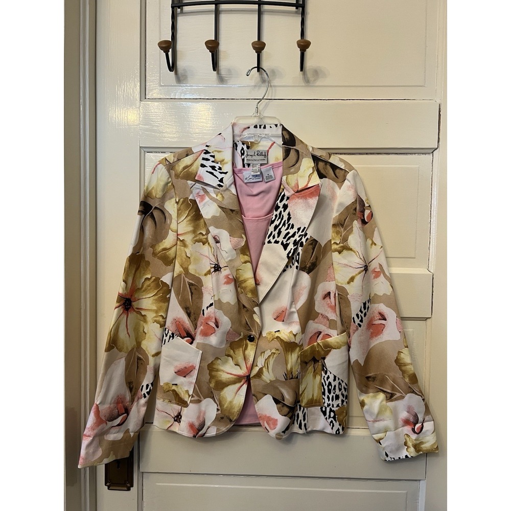 Joseph Ribkoff Tropical Flowers Long Sleeve Jacket Size 10 Salmon & Brown
